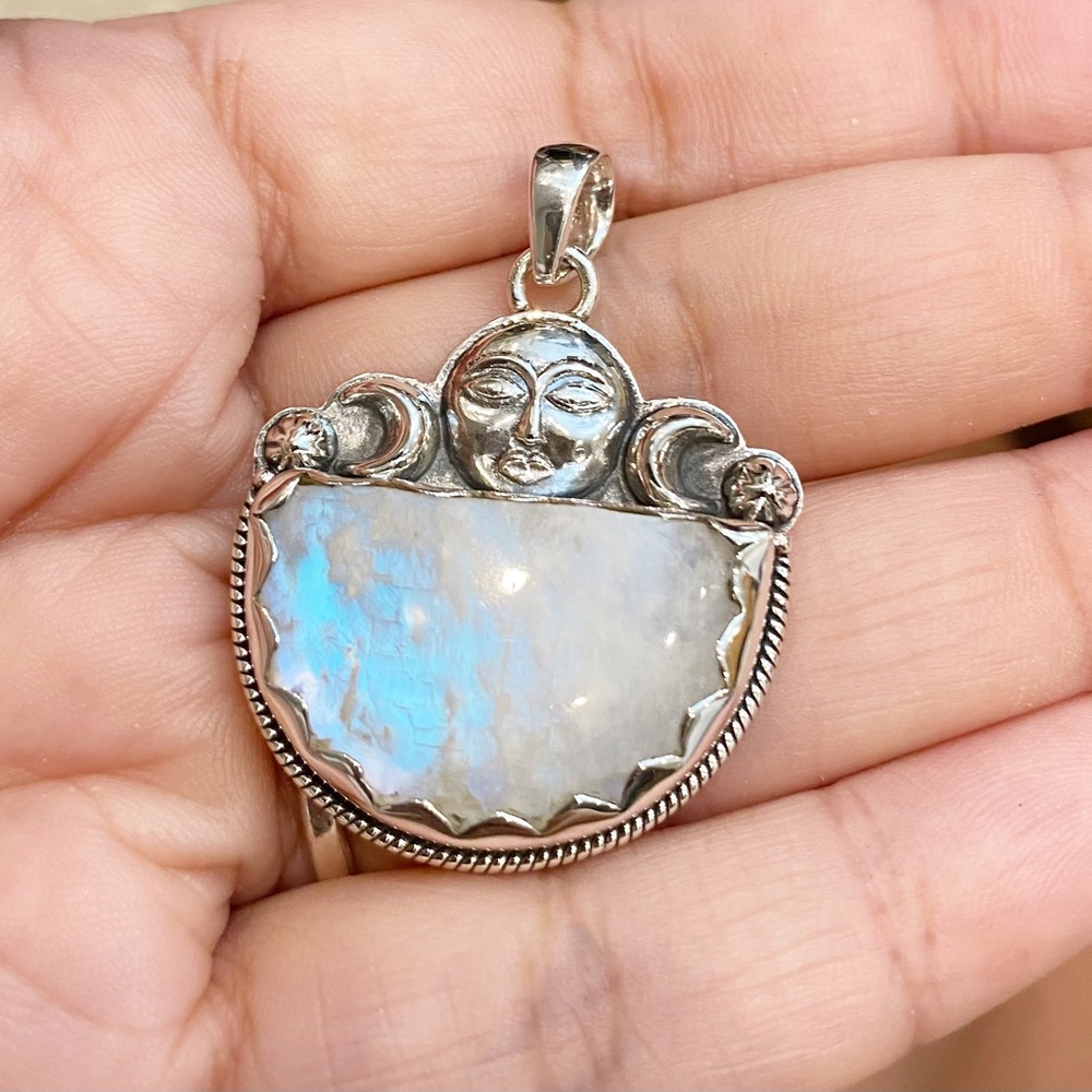 Stunning Rainbow Moonstone Triple Moonface Pendant in Sterling Silver